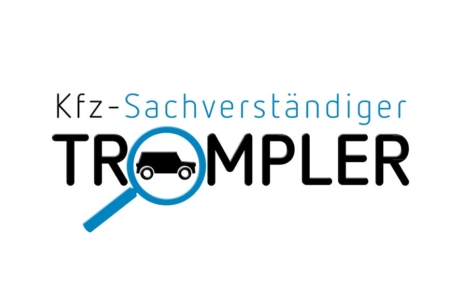 Logo Kfz Sachverständiger in schwarzer Schrift mit einer blauen Lupe, worin ein Auto zu sehen ist