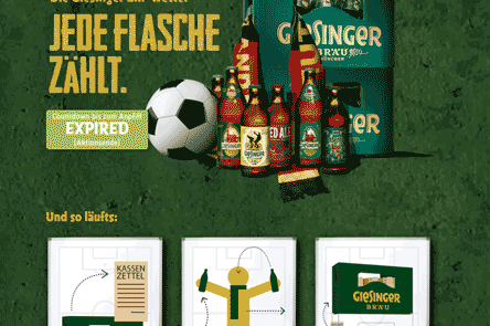 Landingpage mit einem Gewinnspiel drauf zur EM 2021 im Fussball Design mit Giesinger Bier zu sehen