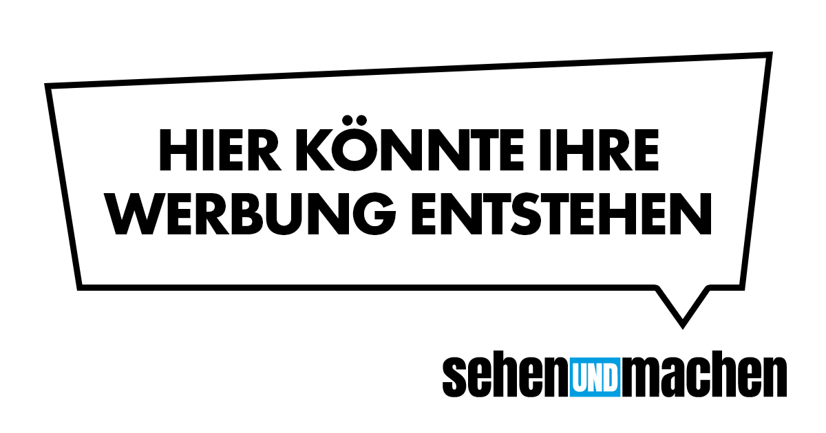 Das Bild zeigt in Grossbuchstaben prominent in Schwarz auf Weiss den Text: "Hier könnte Ihre Werbung entstehen - sehenundmachen". Wobei das Logo sehenundmachen unter dem Ausruf, welcher in einer Sprechblase platziert ist positioniert ist. Das Bilderformat ist Rechteckig, ca. 18 zu 9.