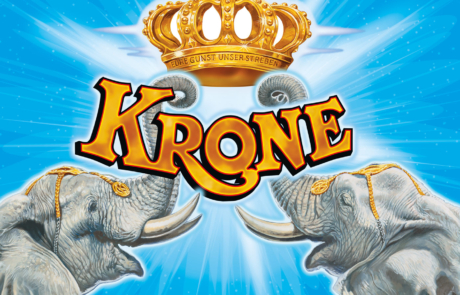 Grafik mit dem Circus Krone Logo, welches von zwei Elefenten von links und rechts gehalten wird - erstellt von Christian Petrovits