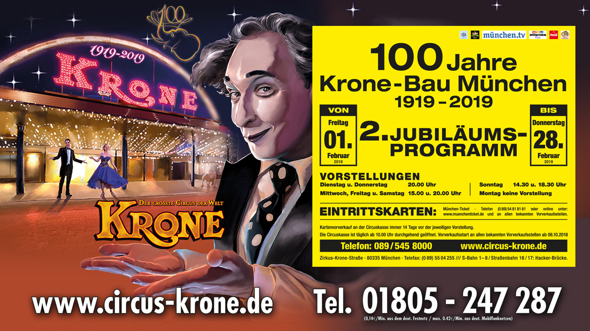 Ein Einladungs Titelspot mit Ermäßigungsticket vom Circus Kroene drauf. Motiv ist ein lachender Clown vor dem Circus Krone in München