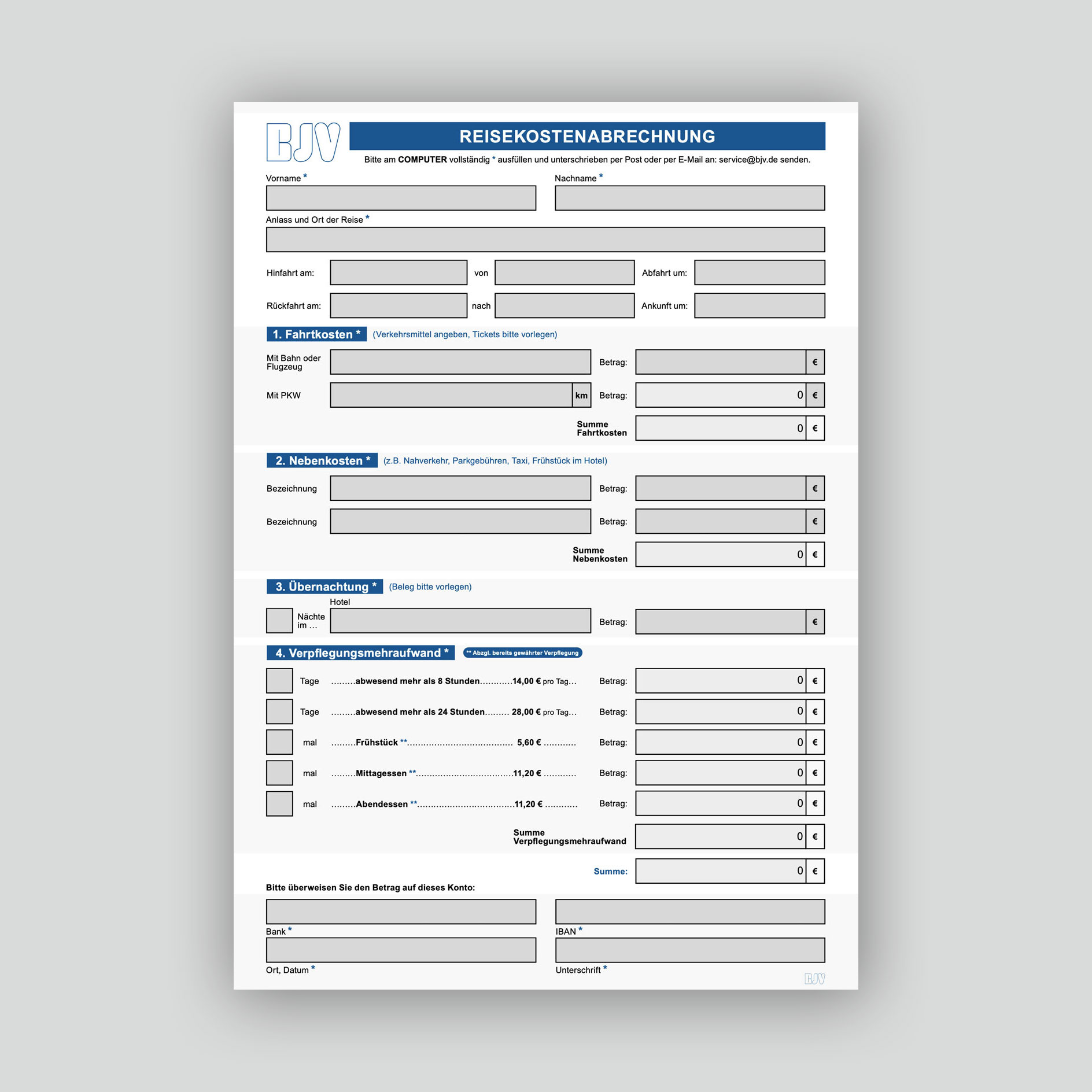 Ein Formular zur Reisekostenberechnung liegend auf einem grauen Hintergrund