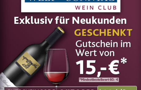 Web Banner mit 15 € Gutschein für Wein. Zu sehen eine Flasche Wein und ein eingeschenktes Glas auf purpurem Hintergrud mit 15,- € Gutschein prominent platziert