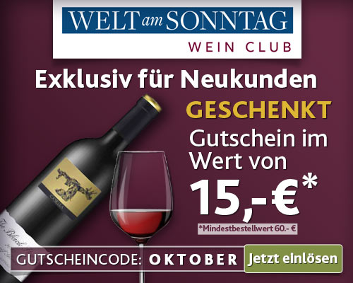 Web Banner mit 15 € Gutschein für Wein. Zu sehen eine Flasche Wein und ein eingeschenktes Glas auf purpurem Hintergrud mit 15,- € Gutschein prominent platziert