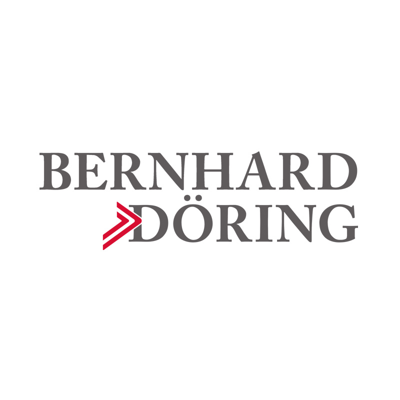 Logo Bernhard Dörong in grauer Schrift auf weiß mit einem roten Doppel-Pfeil am D